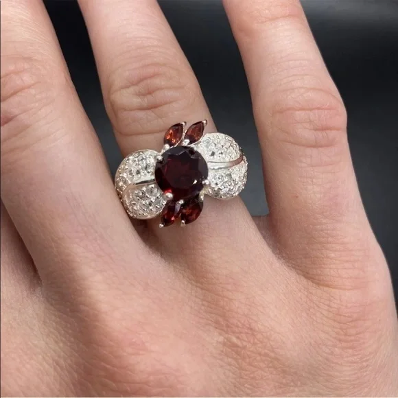 Garnet & White Topaz Sterling Silver Cocktail Ring - Picture 3 of 9